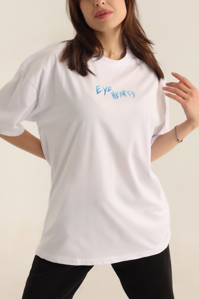 Beyaz Baskılı Oversize Tişört 184611