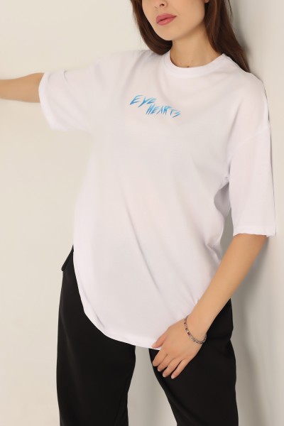 Beyaz Baskılı Oversize Tişört 184611