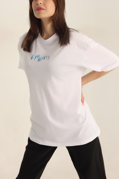 Beyaz Baskılı Oversize Tişört 184611