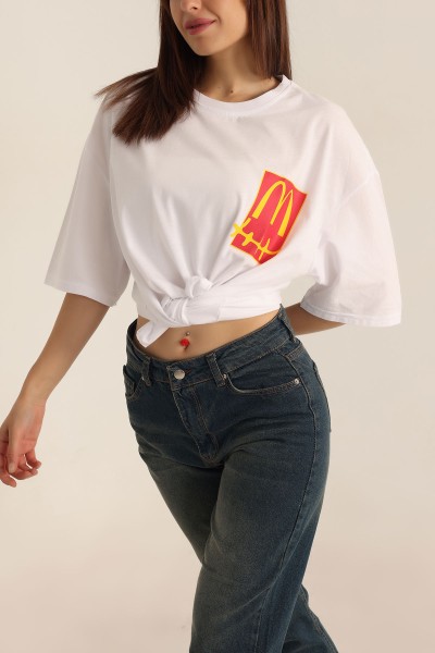Beyaz Baskılı Oversize Tişört 193623