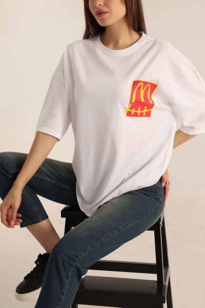 Beyaz Baskılı Oversize Tişört 193623