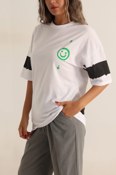Beyaz Baskılı Oversize Tişört 193626