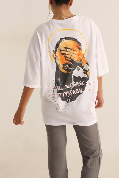 Beyaz Baskılı Oversize Tişört 193637
