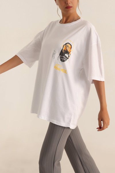Beyaz Baskılı Oversize Tişört 193637