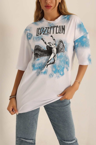 Beyaz Baskılı Oversize Tişört 193641