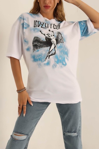 Beyaz Baskılı Oversize Tişört 193641