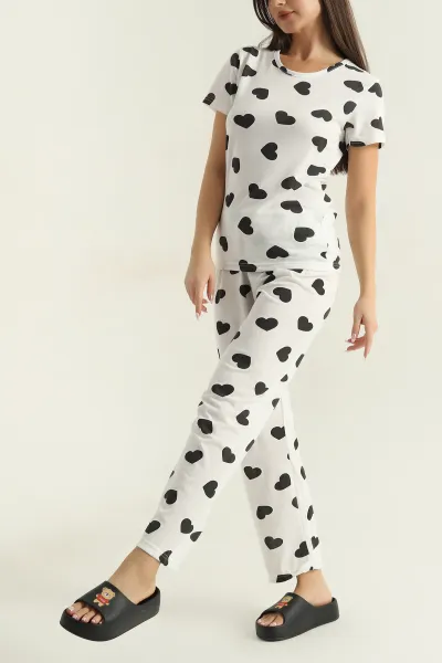 Beyaz Baskılı Penye Kadın Pijama Takımı 375968