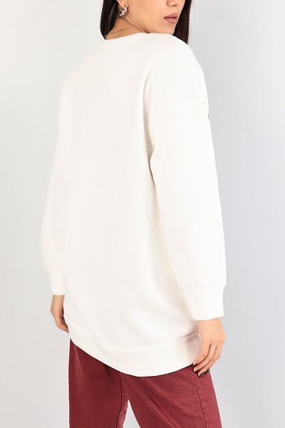 Beyaz Baskılı Şardonlu Bayan Sweat 85027