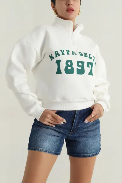 Beyaz Baskılı Şardonlu Kadın Fermuarlı Sweat 396483