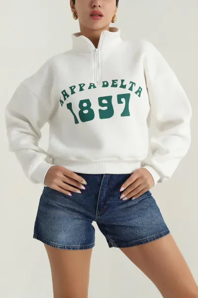 Beyaz Baskılı Şardonlu Kadın Fermuarlı Sweat 396483