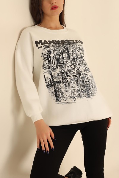 Beyaz Baskılı Şardonlu Sweat 216600