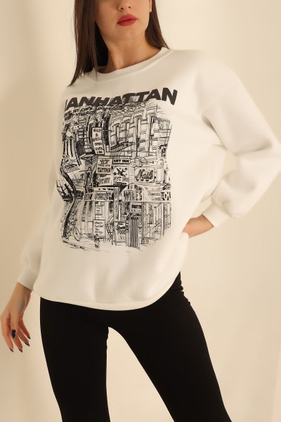Beyaz Baskılı Şardonlu Sweat 216600