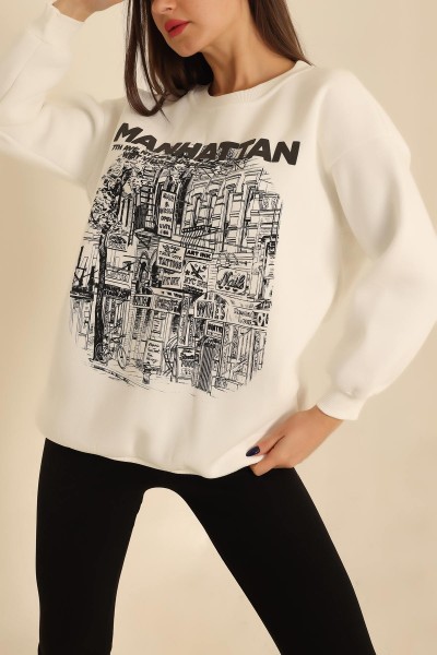 Beyaz Baskılı Şardonlu Sweat 216600