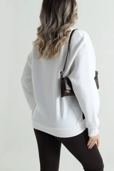 Beyaz Baskılı Şardonlu Üç İp Kadın Fermuarsız Sweat 496073
