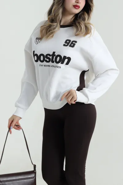 Beyaz Baskılı Şardonlu Üç İp Kadın Fermuarsız Sweat 496073