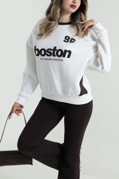 Beyaz Baskılı Şardonlu Üç İp Kadın Fermuarsız Sweat 496073
