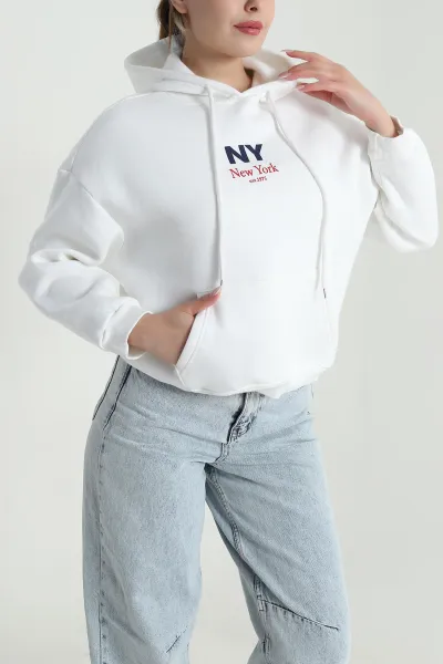 Beyaz Baskılı Şardonlu Üç İp Kadın Sweat 485035