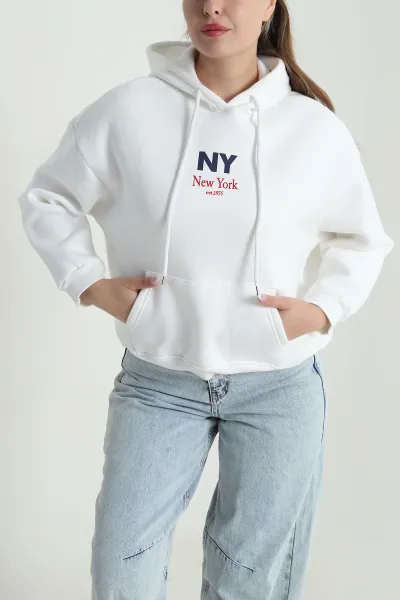 Beyaz Baskılı Şardonlu Üç İp Kadın Sweat 485035