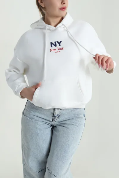 Beyaz Baskılı Şardonlu Üç İp Kadın Sweat 485035