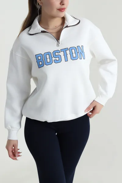 Beyaz Baskılı Şardonlu Üç İp Kadın Sweat 491722