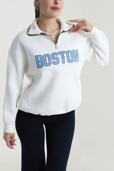 Beyaz Baskılı Şardonlu Üç İp Kadın Sweat 491722