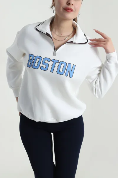 Beyaz Baskılı Şardonlu Üç İp Kadın Sweat 491722