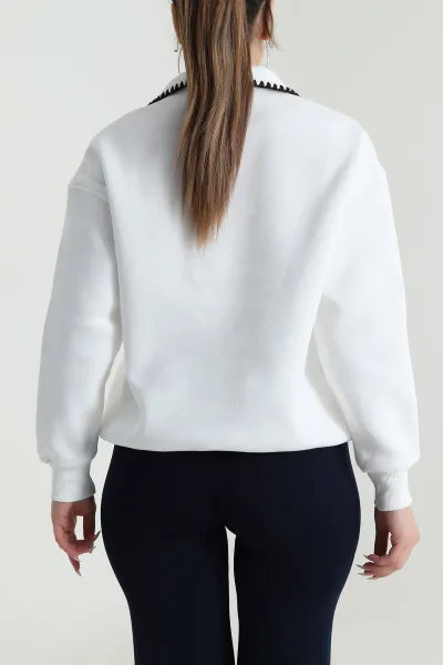Beyaz Baskılı Şardonlu Üç İp Kadın Sweat 491722
