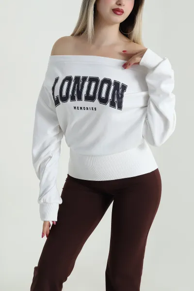 Beyaz Baskılı Şardonsuz Üç İp Kadın Fermuarsız Sweat 491694