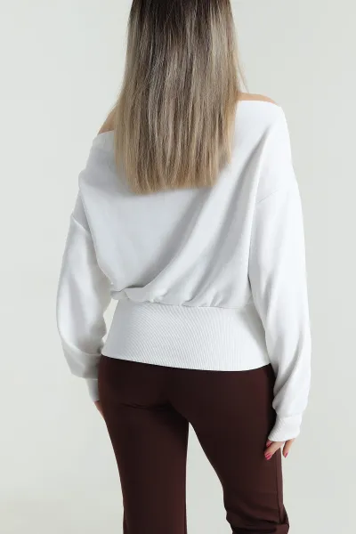 Beyaz Baskılı Şardonsuz Üç İp Kadın Fermuarsız Sweat 491694