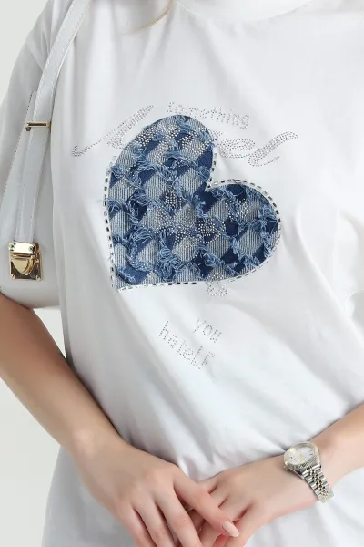 Beyaz Baskılı Taşlı Süprem Kadın Tişört 465738