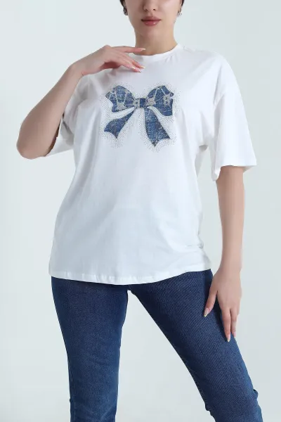 Beyaz Baskılı Taşlı Süprem Kadın Tişört 465739