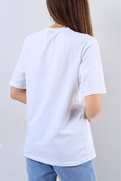 Beyaz Baskılı Tişört Bayan 16649B