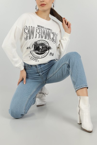 Beyaz Baskılı Üç İp Bayan Sweat 145009