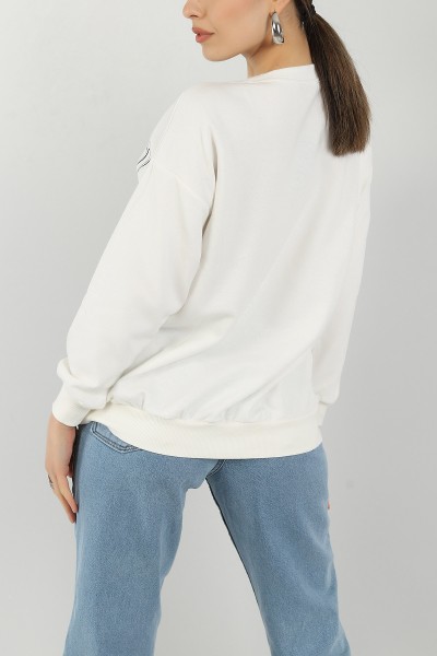 Beyaz Baskılı Üç İp Bayan Sweat 145009