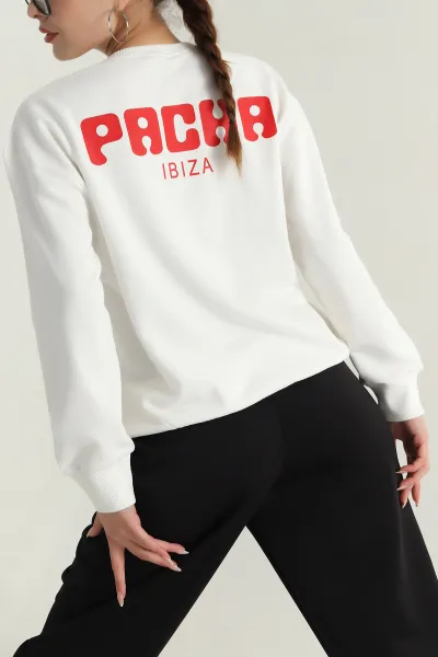 Beyaz Baskılı Üç İp Kadın Sweat 396365