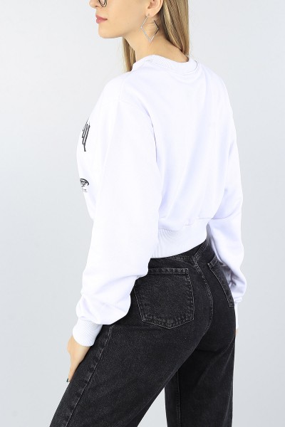 Beyaz Baskılı Üç İplik Bayan Sweat 54226
