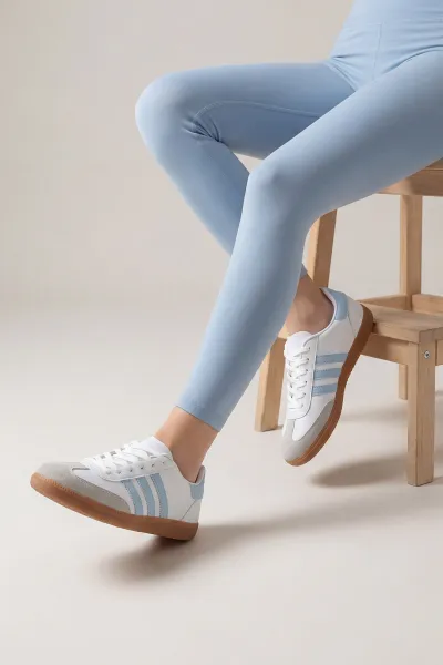Beyaz Bebe Mavisi Bağcıklı Süet Detay Kadın Spor Ayakkabı 455535
