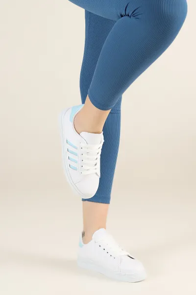 Beyaz Bebe Mavisi Çizgili Bağcıklı Spor Ayakkabı 236564