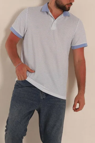 Beyaz Bebe Mavisi Çizgili Regular Fit Polo Yaka Erkek Tişört 277112