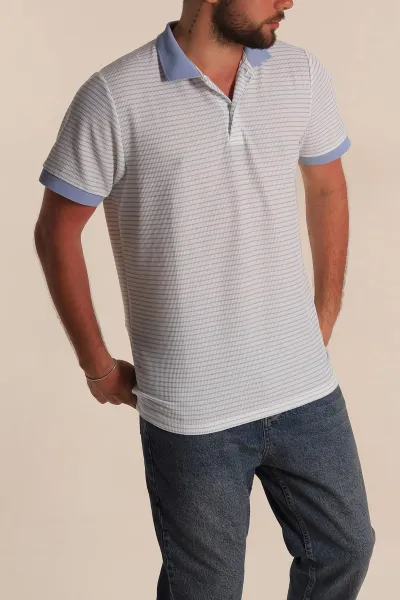 Beyaz Bebe Mavisi Çizgili Regular Fit Polo Yaka Erkek Tişört 277112