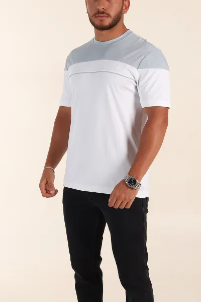 Beyaz Bebe Mavisi Regular Fit Omuz Şerit Detaylı Erkek Tişört 372092