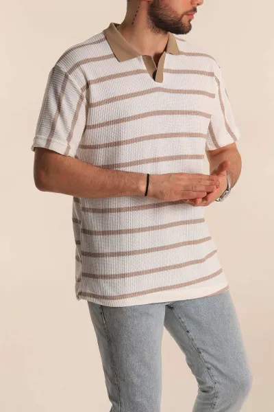 Beyaz Bej Çizgili Oversize Polo Yaka Erkek Triko Tişört 269207