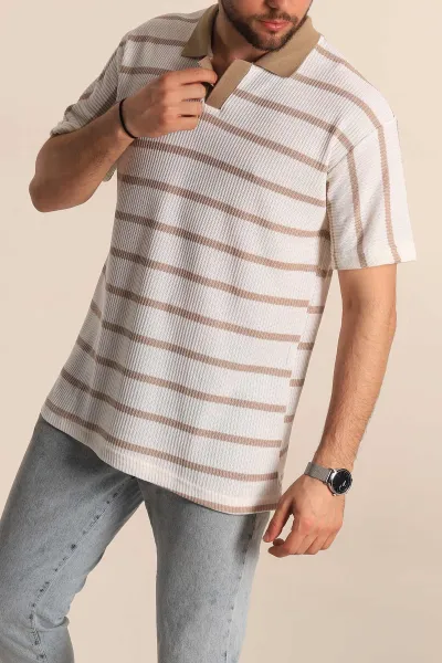 Beyaz Bej Çizgili Oversize Polo Yaka Erkek Triko Tişört 269207