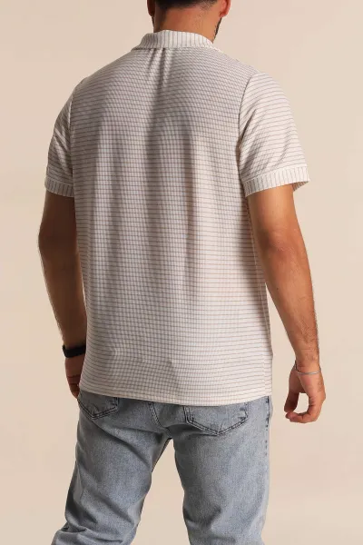 Beyaz Bej Çizgili Regular Fit Dokulu Polo Yaka Erkek Tişört 277088