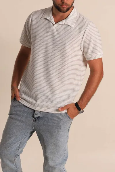 Beyaz Bej Çizgili Regular Fit Dokulu Polo Yaka Erkek Tişört 277088