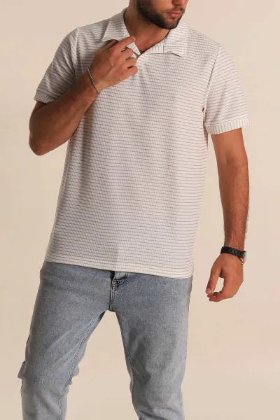 Beyaz Bej Çizgili Regular Fit Dokulu Polo Yaka Erkek Tişört 277088