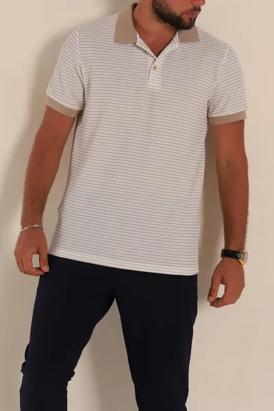 Beyaz Bej Çizgili Regular Fit Polo Yaka Erkek Tişört 277117
