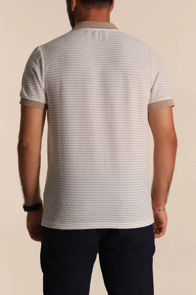 Beyaz Bej Çizgili Regular Fit Polo Yaka Erkek Tişört 277117