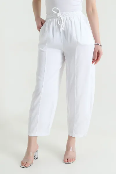 Beyaz Bel Lastikli Cepli Tencel Kadın Şalvar Pantolon 453171