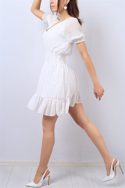 Beyaz Bel Lastikli Desenli Şifon Elbise 13881B